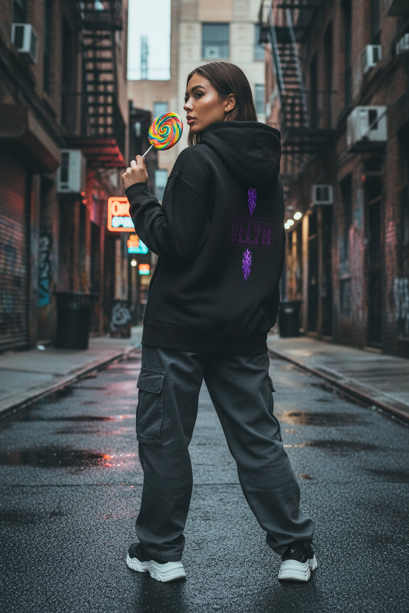 Zip Hoodie – Lila Flammen-Crest & VELYN Back Badge