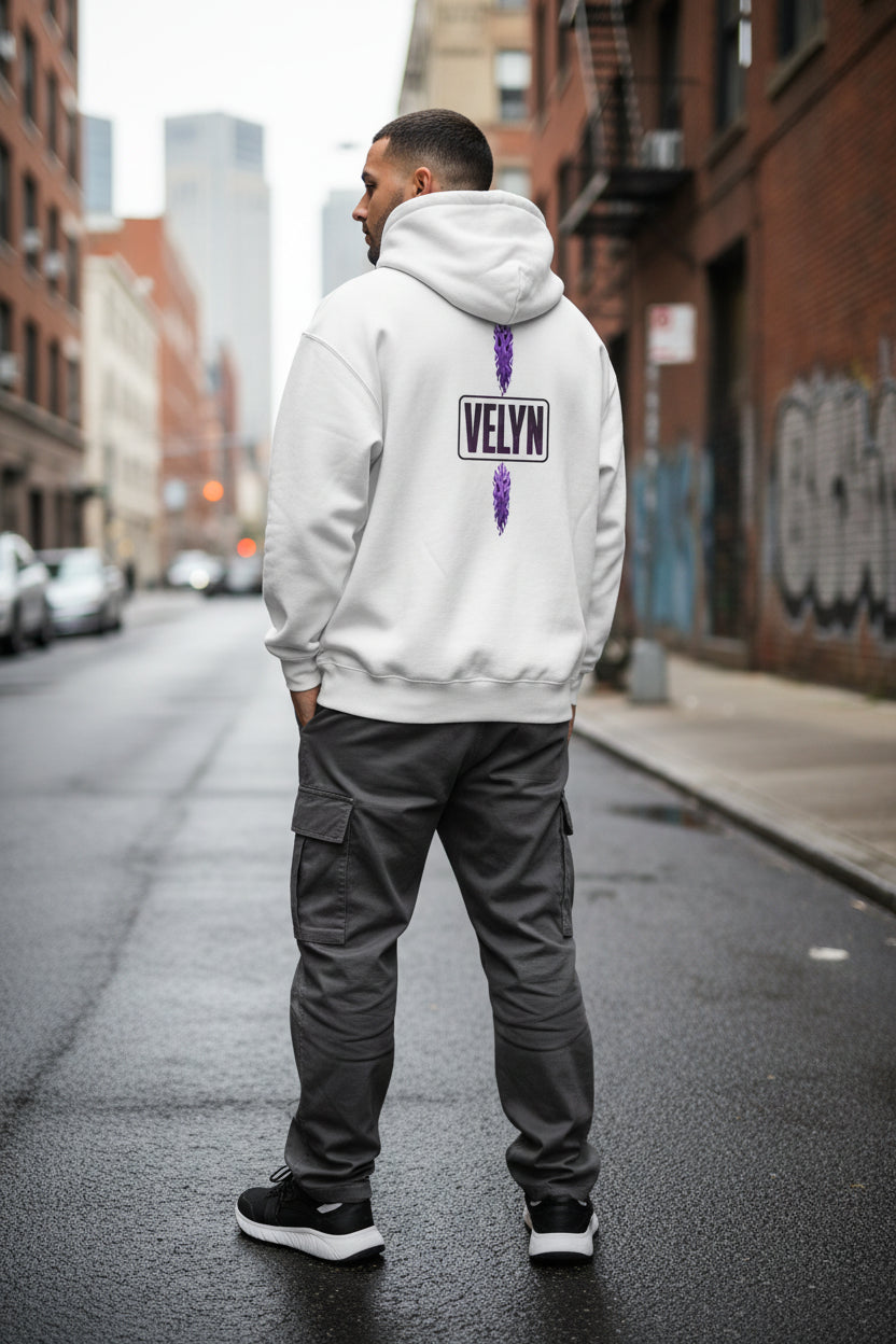 Zip Hoodie – Lila Flammen-Crest & VELYN Back Badge