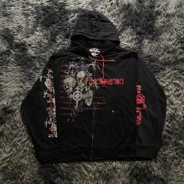 Y2K New Affliction Hoodie Retro Gothic Pattern Zipper Hoodie Men Street Hip Hop Harajuku Casual Oversize Coat Loose Streetwear