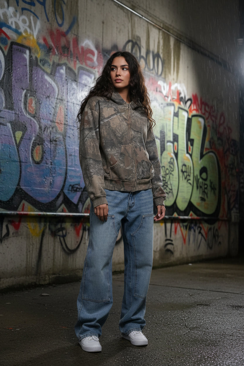 Y2K Camo Zip-Up Hoodie – Unisex | Oversized Streetwear