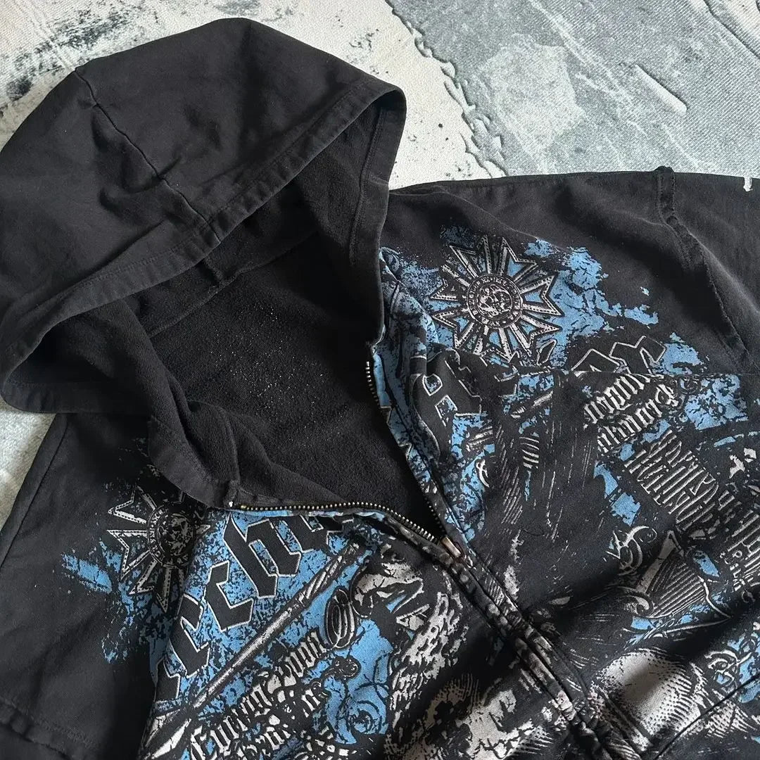 Y2K New Affliction Hoodie Retro Gothic Pattern Zipper Hoodie Men Street Hip Hop Harajuku Casual Oversize Coat Loose Streetwear