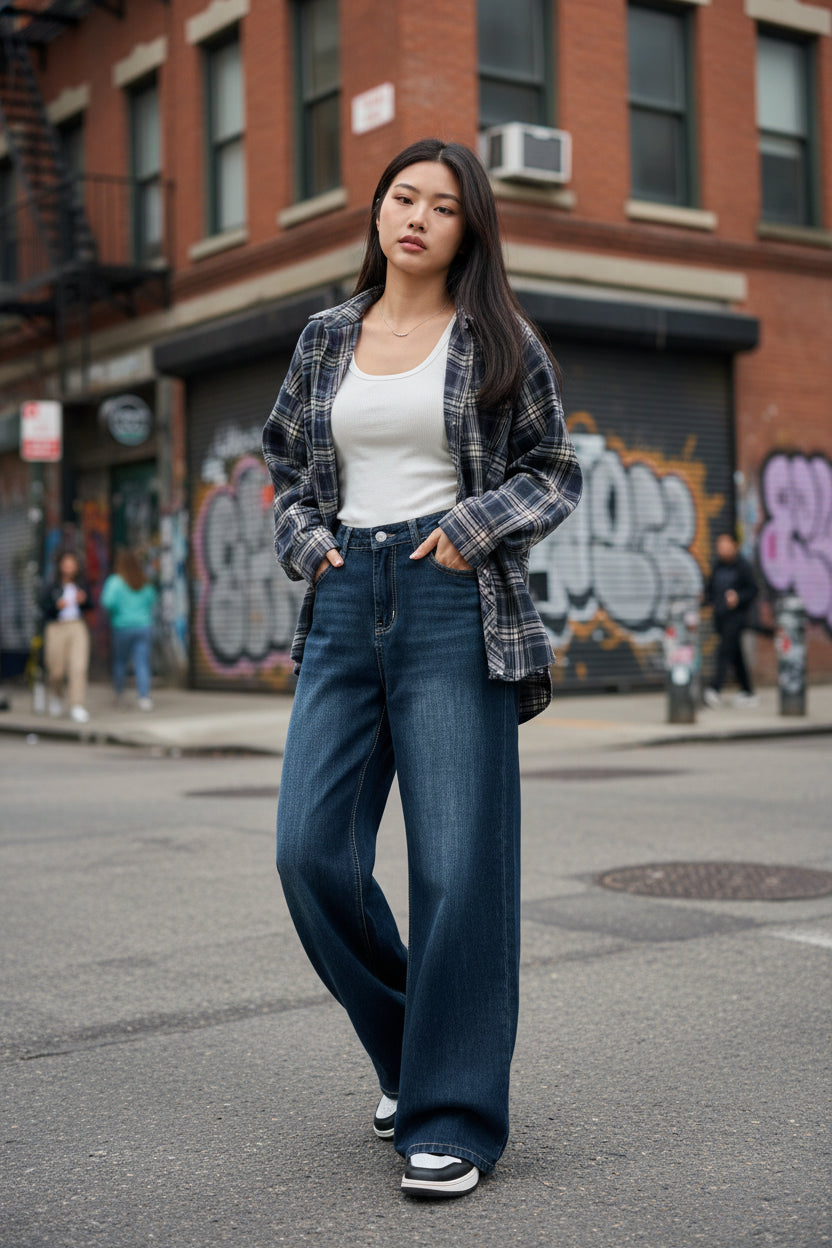 Damen Baggy Jeans – Y2K Retro High Waist Straight Leg Denim