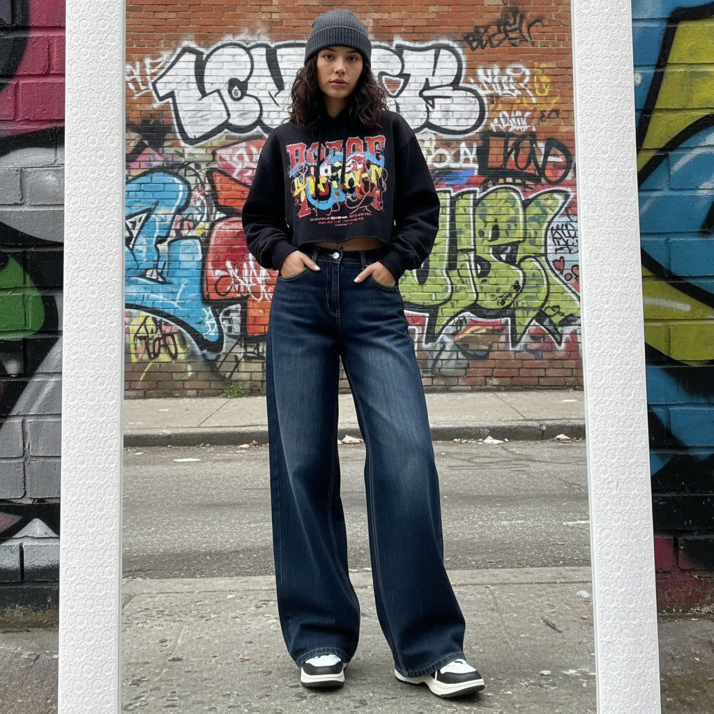Damen Baggy Jeans – Y2K Retro High Waist Straight Leg Denim