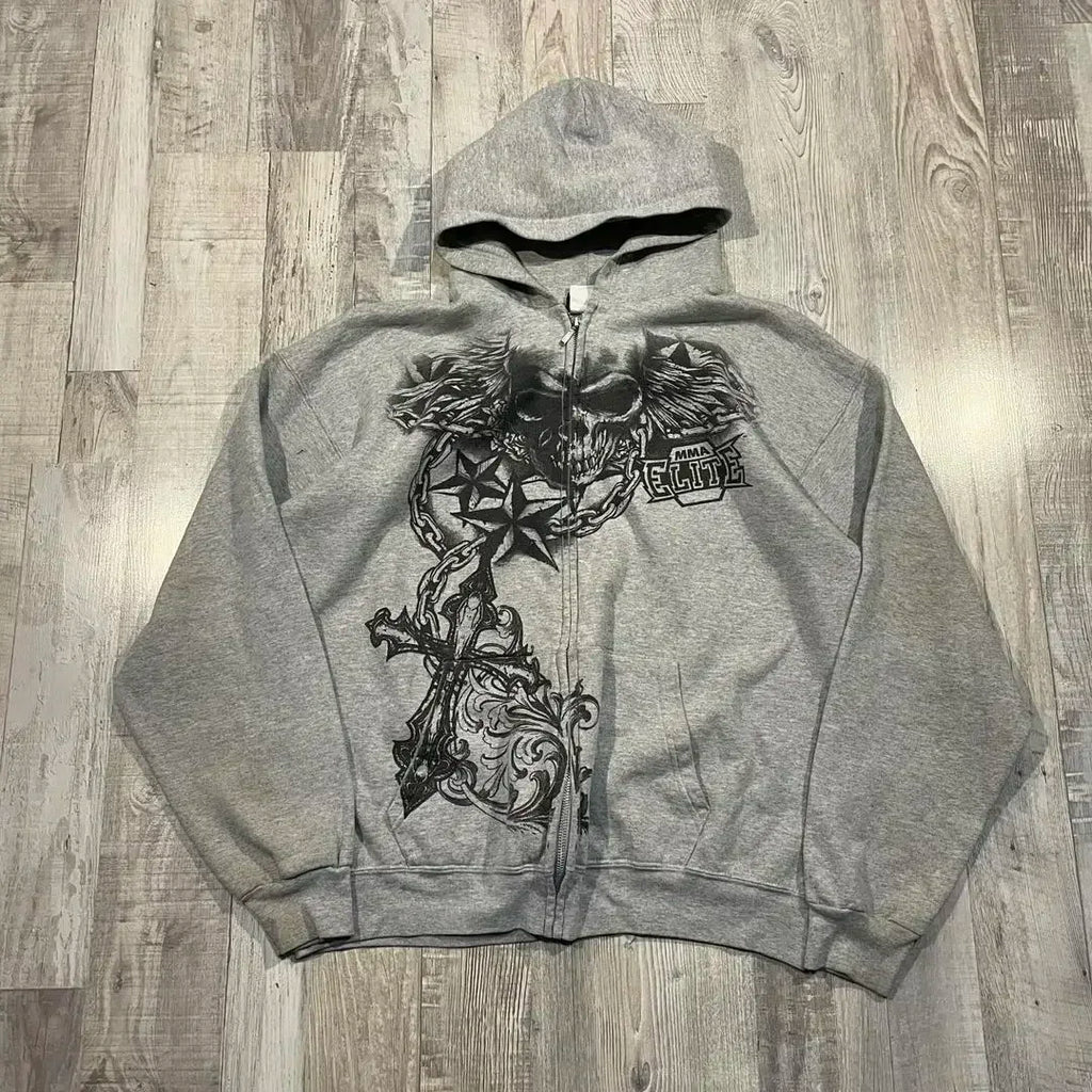 Y2K New Affliction Hoodie Retro Gothic Pattern Zipper Hoodie Men Street Hip Hop Harajuku Casual Oversize Coat Loose Streetwear