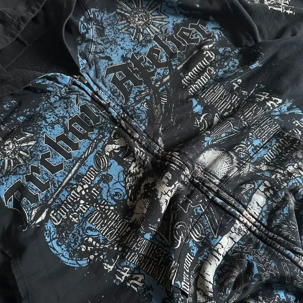 Y2K New Affliction Hoodie Retro Gothic Pattern Zipper Hoodie Men Street Hip Hop Harajuku Casual Oversize Coat Loose Streetwear