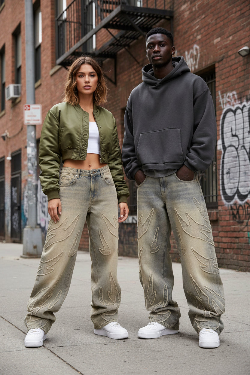 Baggy Streetwear Jeans – Unisex Wide Leg Denim mit Stickerei