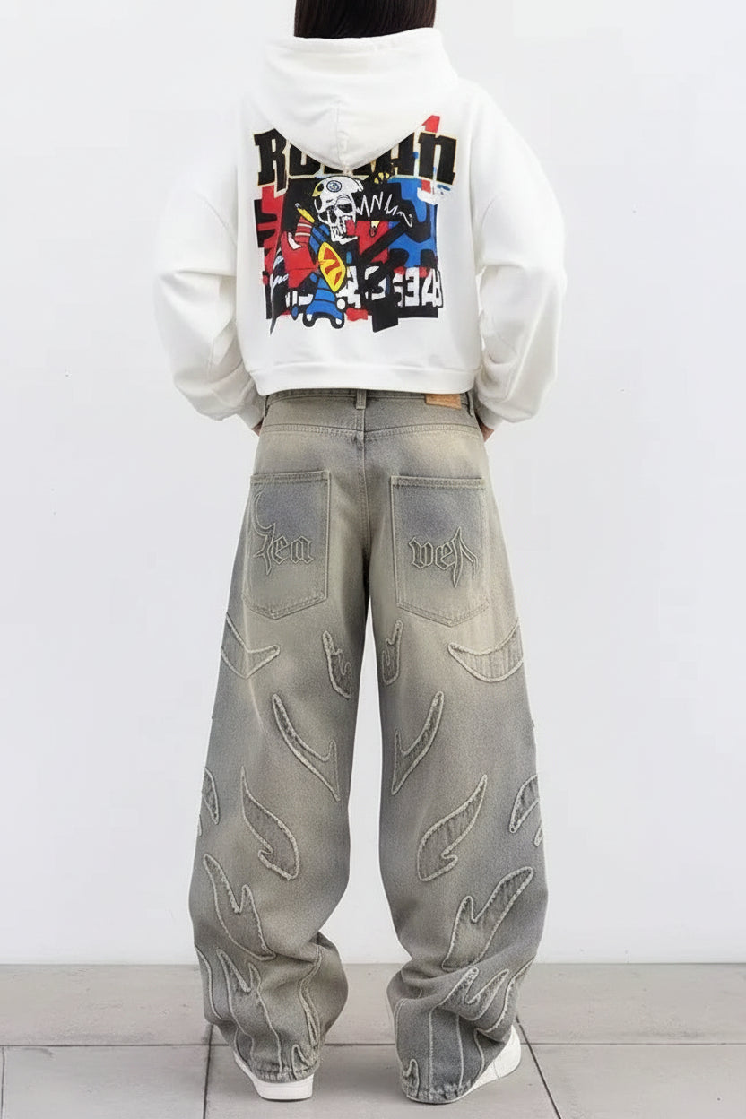 Baggy Streetwear Jeans – Unisex Wide Leg Denim mit Stickerei