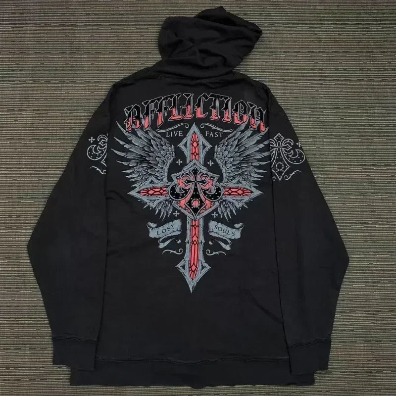 Y2K New Affliction Hoodie Retro Gothic Pattern Zipper Hoodie Men Street Hip Hop Harajuku Casual Oversize Coat Loose Streetwear