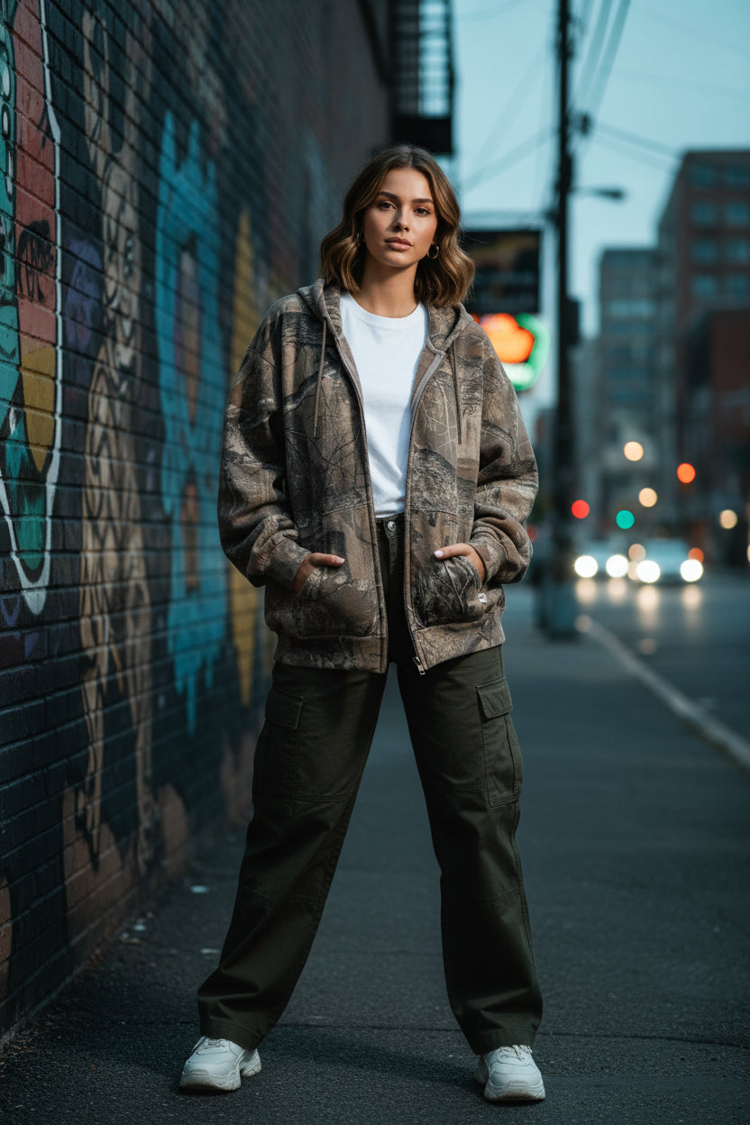 Y2K Camo Zip-Up Hoodie – Unisex | Oversized Streetwear