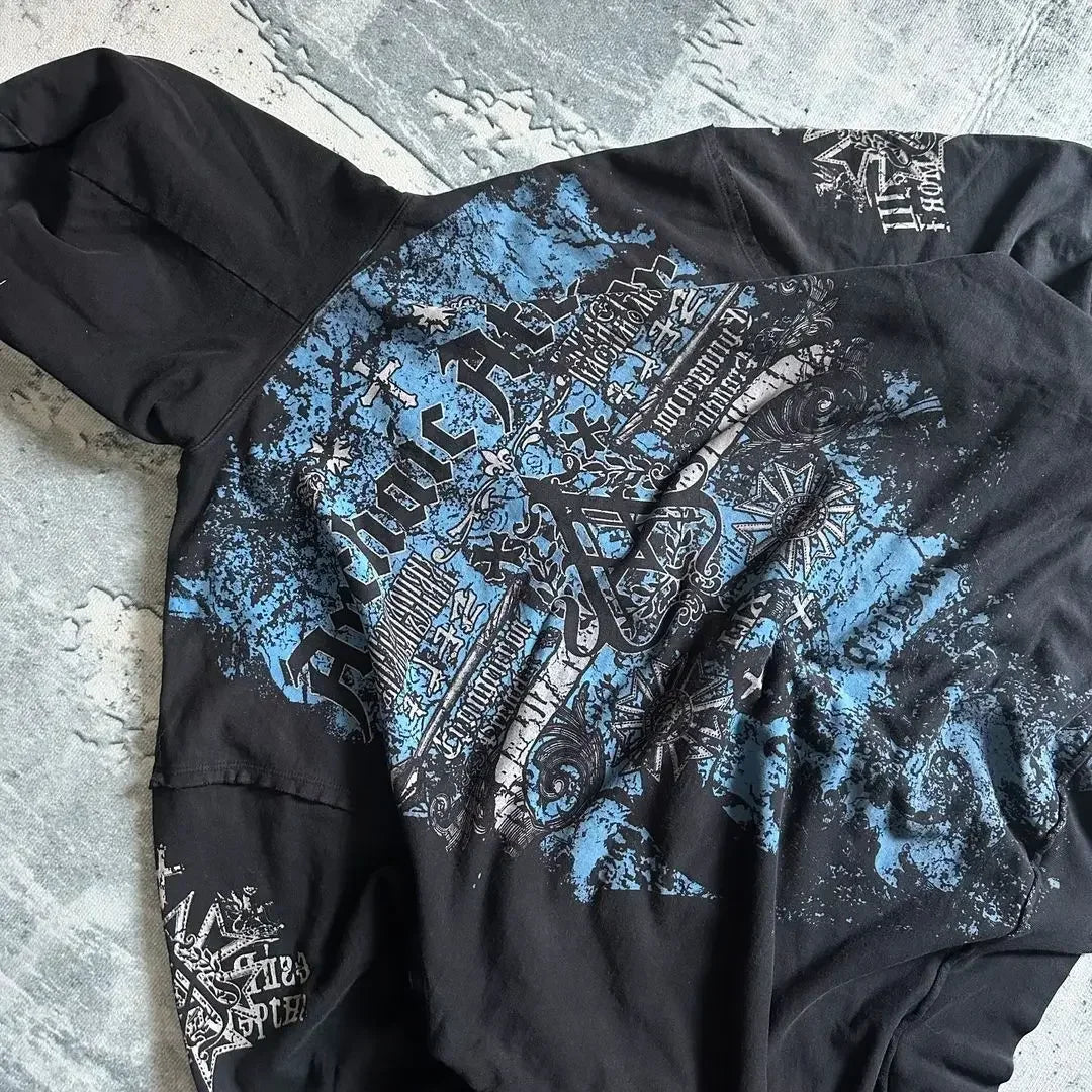 Y2K New Affliction Hoodie Retro Gothic Pattern Zipper Hoodie Men Street Hip Hop Harajuku Casual Oversize Coat Loose Streetwear