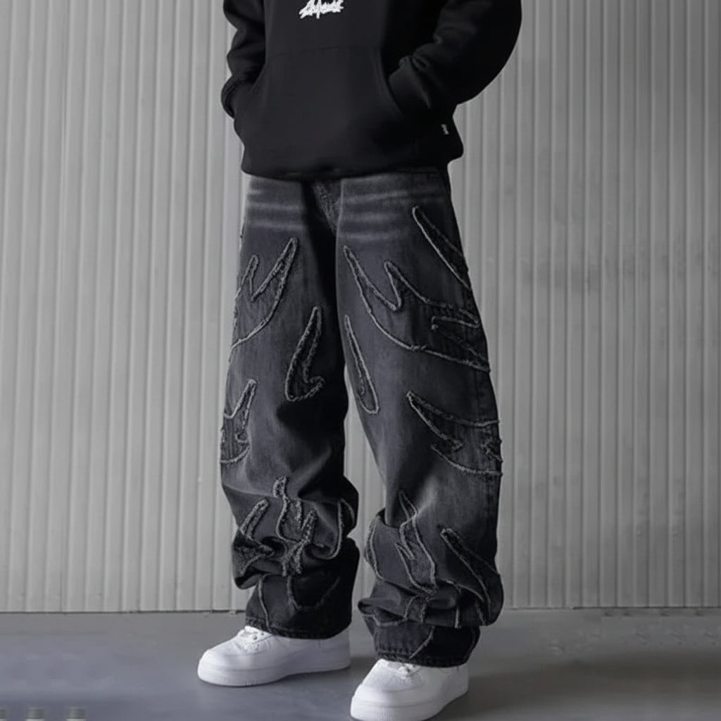 Baggy Streetwear Jeans – Unisex Wide Leg Denim mit Stickerei