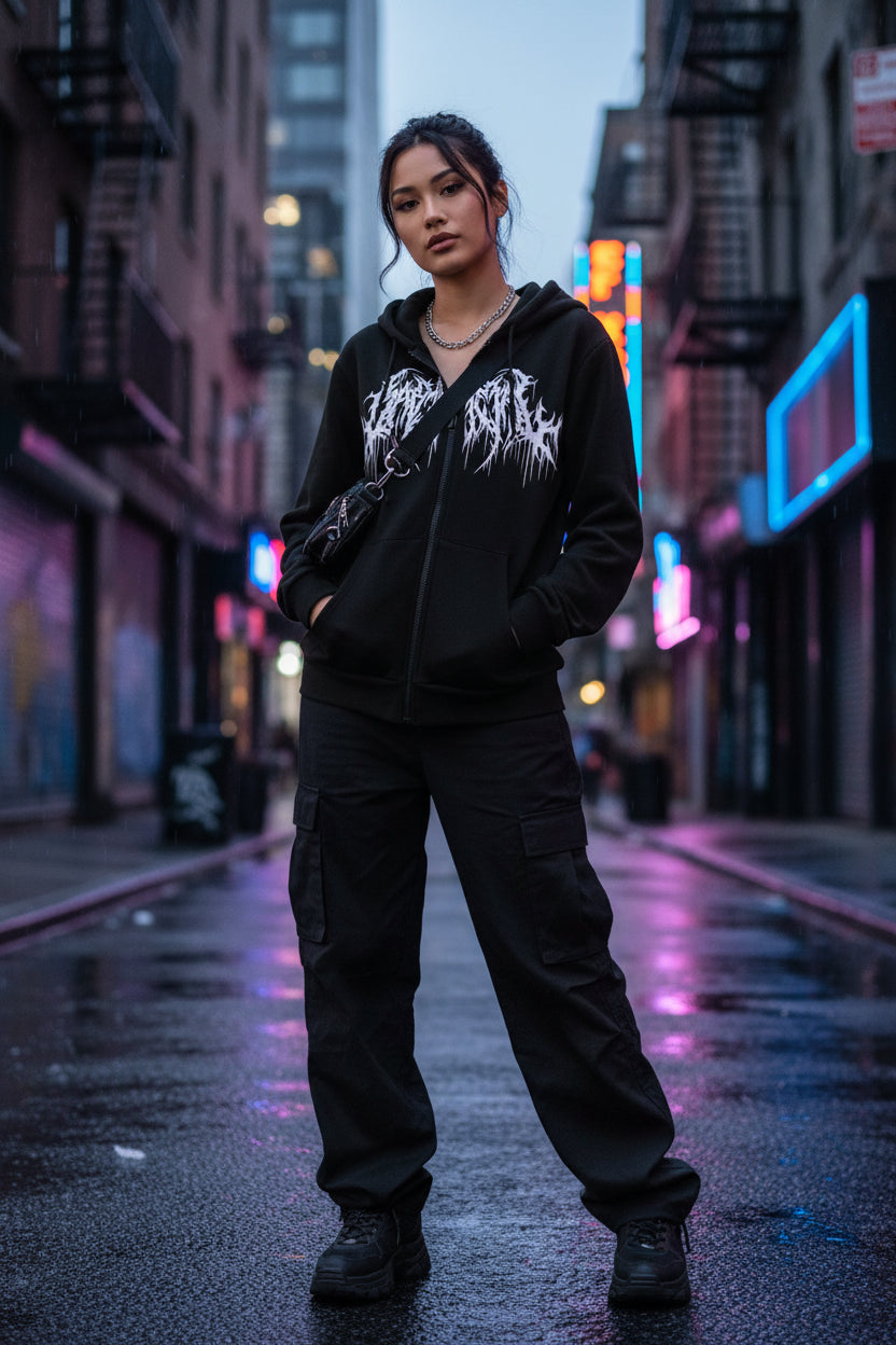 Y2K Zip-Hoodie Unisex – Graphic Print Sweatshirt mit Kapuze | Hip-Hop & Gothic Style